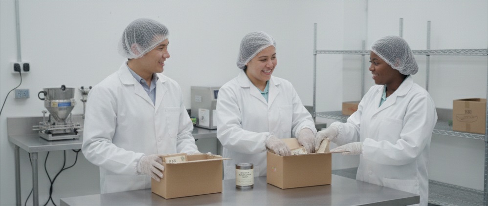 Staff packing fruit boxes